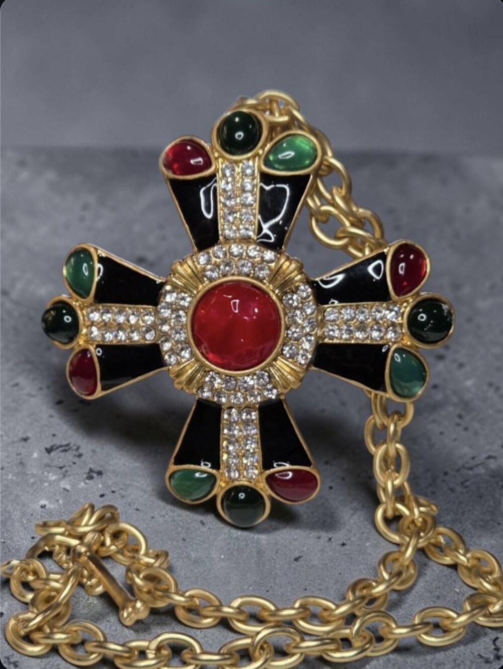 Byzantine Vibes Gold Maltese Cross Onyx Enamel Glass Cabochon Toggle Necklace